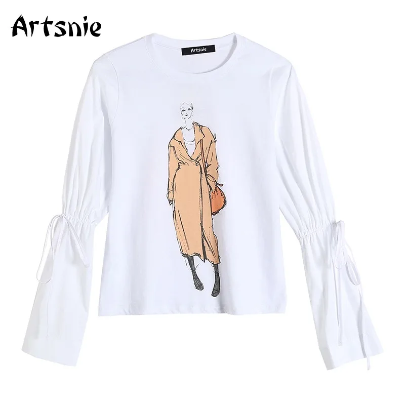

Женская футболка с принтом Artsnie, весна 2021, топы с круглым вырезом и расклешенными рукавами, Уличная Повседневная белая трикотажная футболка ...