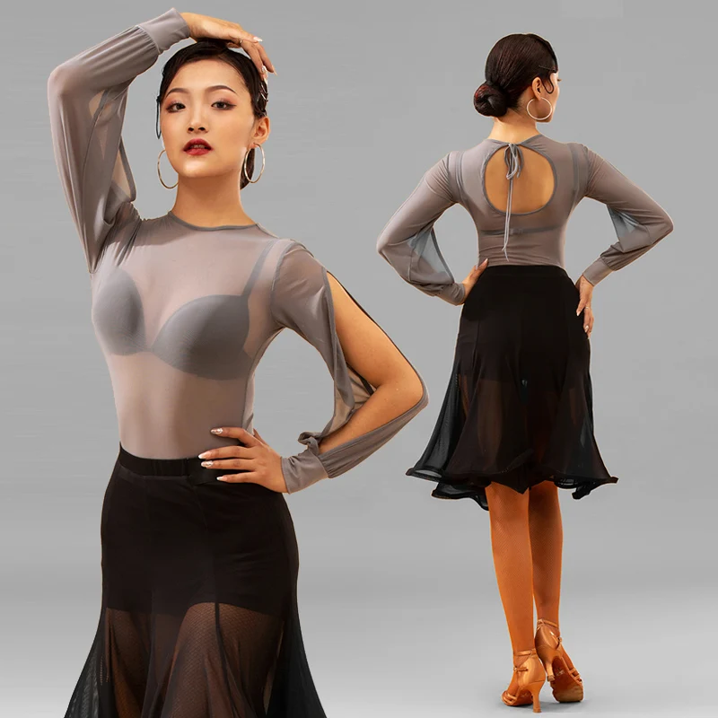 Костюмы для латиноамериканских танцев взрослых сексуальные сетчатые Топы с