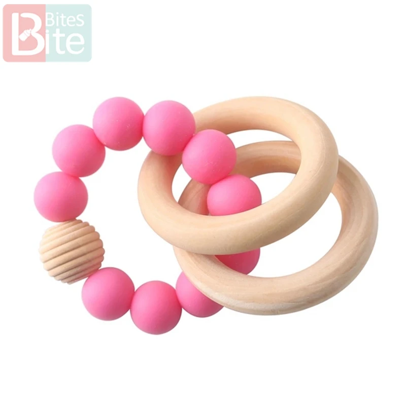 Hot pink Rattle 1 шт. детский силиконовый Прорезыватель для браслетов младенцев, погремушка, силиконовые бусины с резьбой, браслеты, прорезыватели, ювелирные изделия, деревянные кольца для грызунов - Цвет: Hot pink Rattle