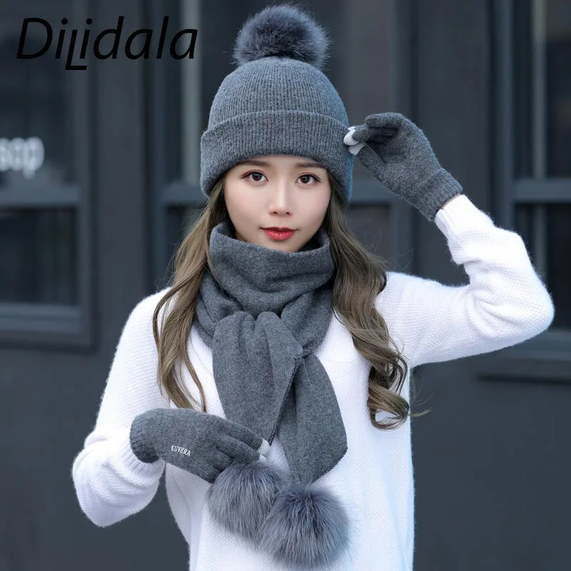 Dilidala Hat Scarf Gloves Winter Woman Thickened Double Wool Fashion Wild Warm &amp Glove Sets For Women |