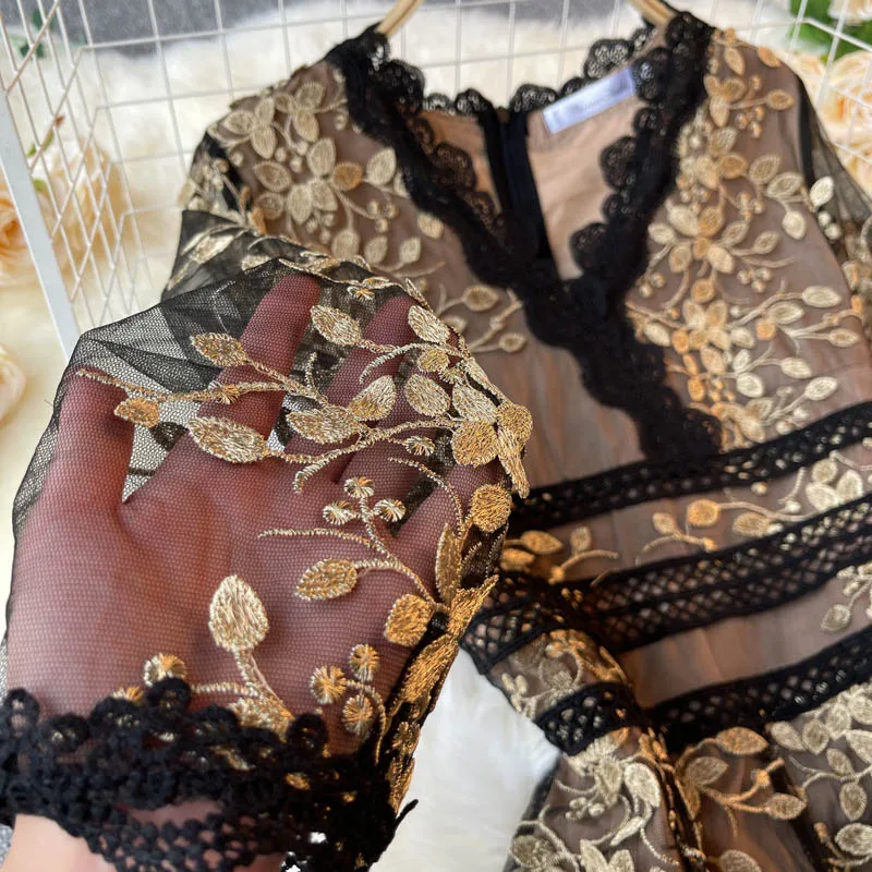 High-end Runway Fashion Autumn Party Dresses Spring Women Sexy Lace V-Neck Embroidery Vintage Polka Dot Mesh Long Dress Vestidos | Женская