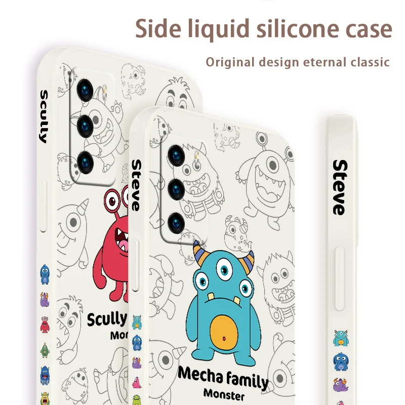 Monster Square Liquid Silicone Case For Huawei P40 P30 P20 Lite Mate 40 30 20 Pro Lite P Smart 2021 Y7A Soft Phone Cover Case