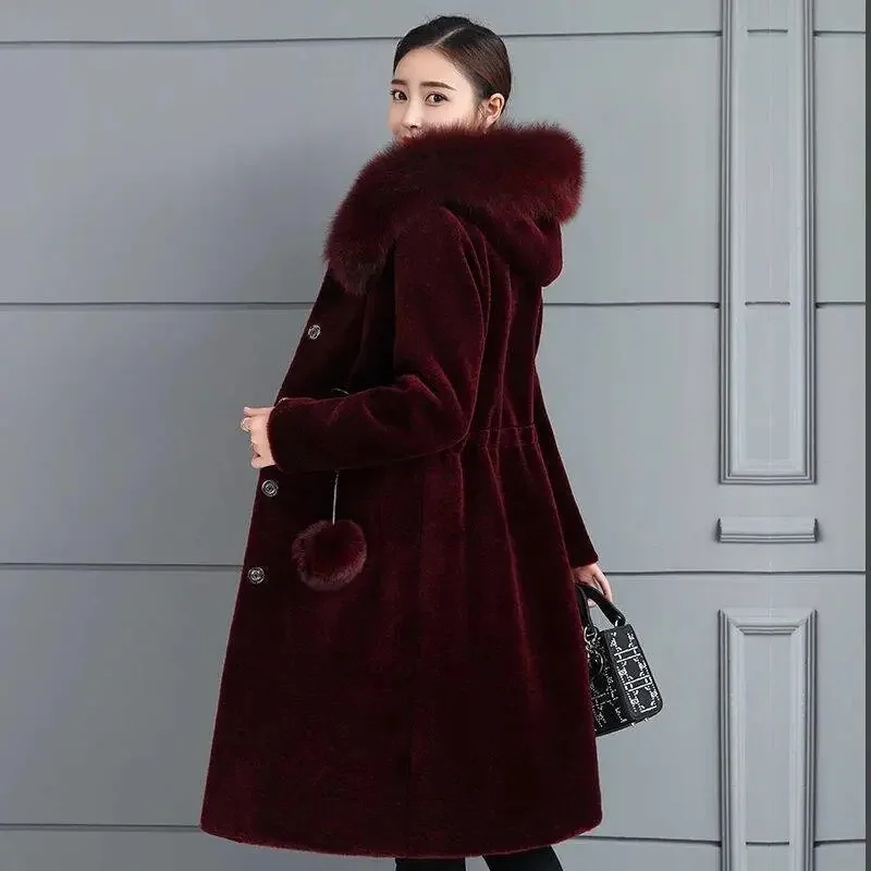 2022 Autumn Winter Mink Velvet Faux Fur Hooded Jacket Female New Slim Fashion Thicken Coat Women Mid-length Mink Fur CoatA538