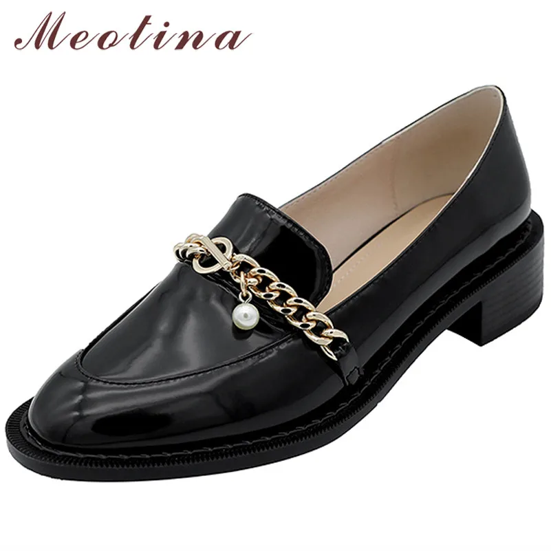 

Женские туфли-Лоферы Meotina, натуральная кожа, на низком толстом каблуке, с цепочкой, круглый носок, черная обувь, 2021