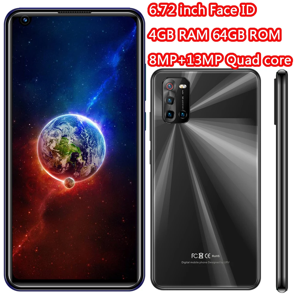 

Global Smartphones 10X Quad Core Front/Back Camera Face ID 8MP+13MP 6.72" 4G RAM+64G ROM Android Mobile Phone Celulares Unlocked