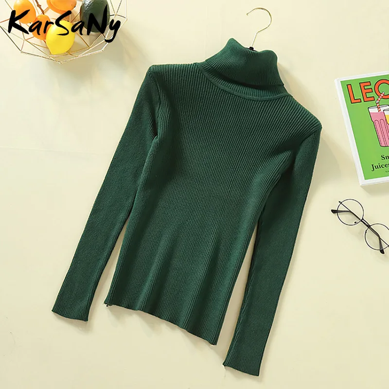 Green KarSaNy, осенне-зимний женский вязаный свитер с высоким воротом, пуловер с длинным рукавом, джемпер с высоким воротником, женский свитер с высоким воротником, водолазка - Цвет: Green