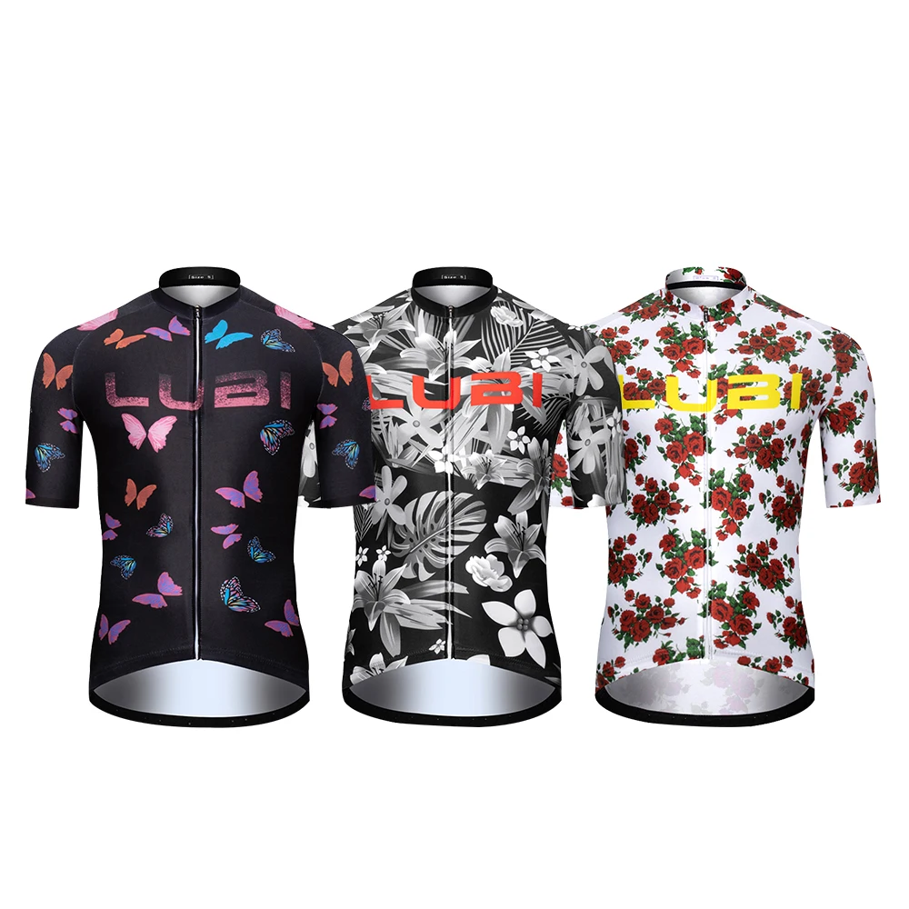 

LUBI Men Cycling Jersey Short Sleeve Bike Shirt Racing MTB Clothing Uniform Bicycle Downhill Breathable Clothes Rose Butterfly