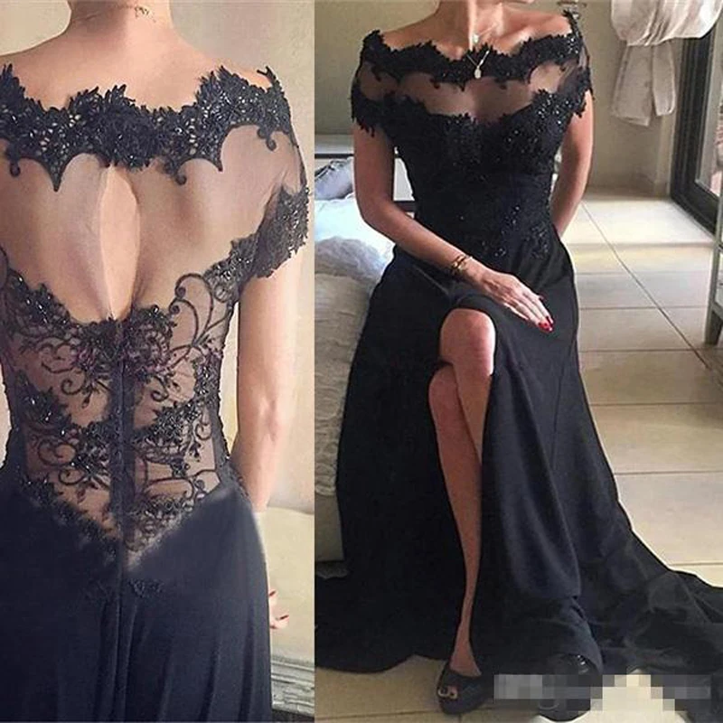 

Black Lace Mother of the Bride Dresses Off the Shoulder Sheer Neck Short Sleeves Prom Gowns Front Split Women Formal Evening