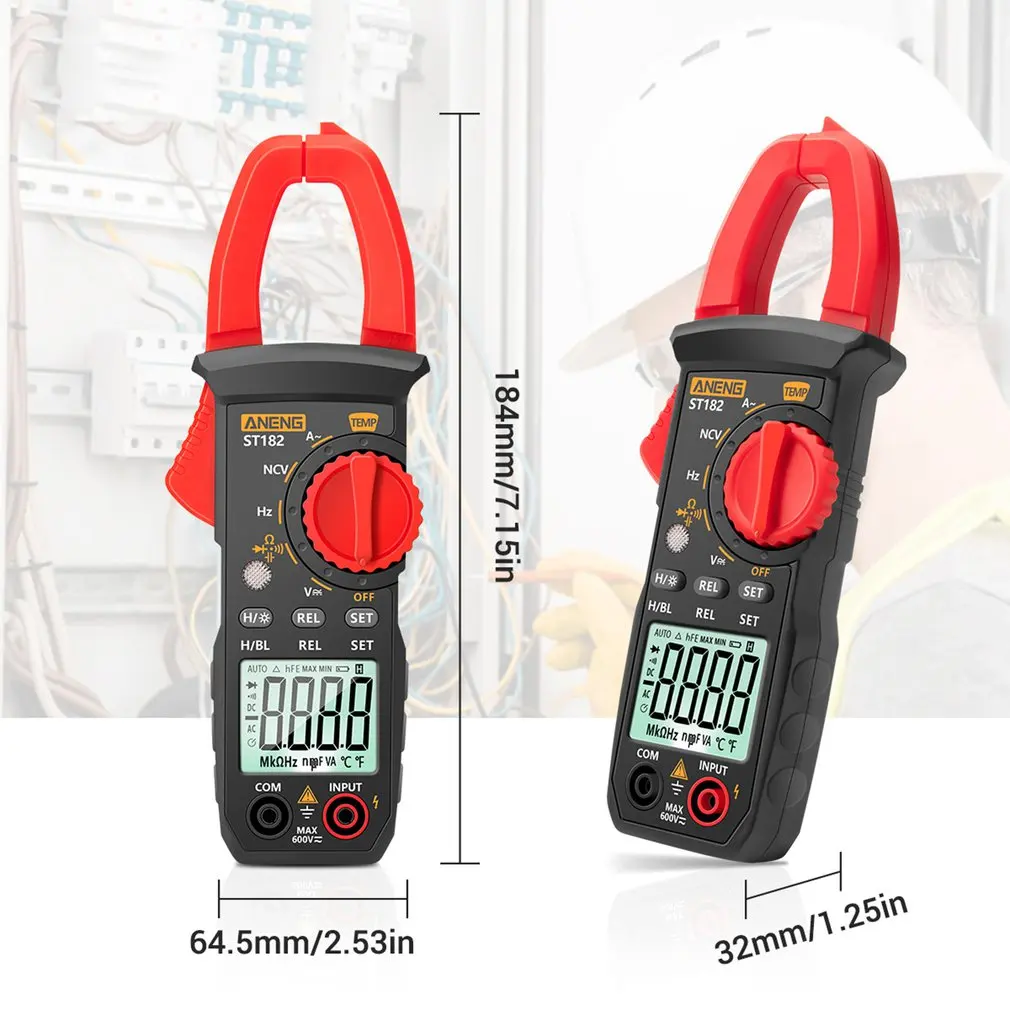 

ST182 Digital Clamp Meter AC Current Multimeter D/C AC Voltage Ammeter Voltages Tester Amp Hz Capacitance NCV Ohm Test