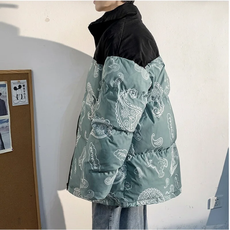 Large Size Male Cashew Flower Bear Print Loose Cotton Jacket 2021 Color Matching Stand-up Collar Warm Jacket Winter Coat