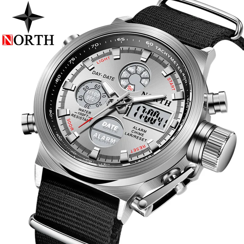 

New NORTH Men Watch Nylon Waterproof Quartz Mens Watches LED Analog Digital Watch Male Clock Military Sport Relogio Masculino