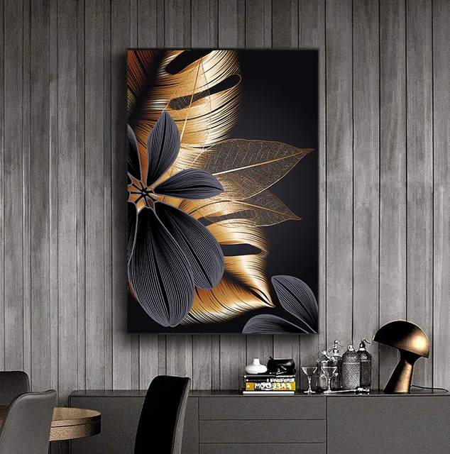 Art Painting Nordic Living Room Decoration Picture Black Golden Plant Leaf Canvas Poster Print Modern Home Decor Abstract Wall 1