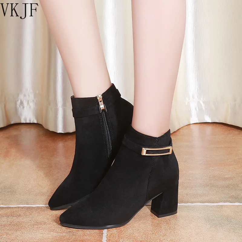 

2021 Winter Shoes Women High Heels Boots Fashion Women Ankle Boots Woman Party Shoes Square Heel 6cm Black Pink