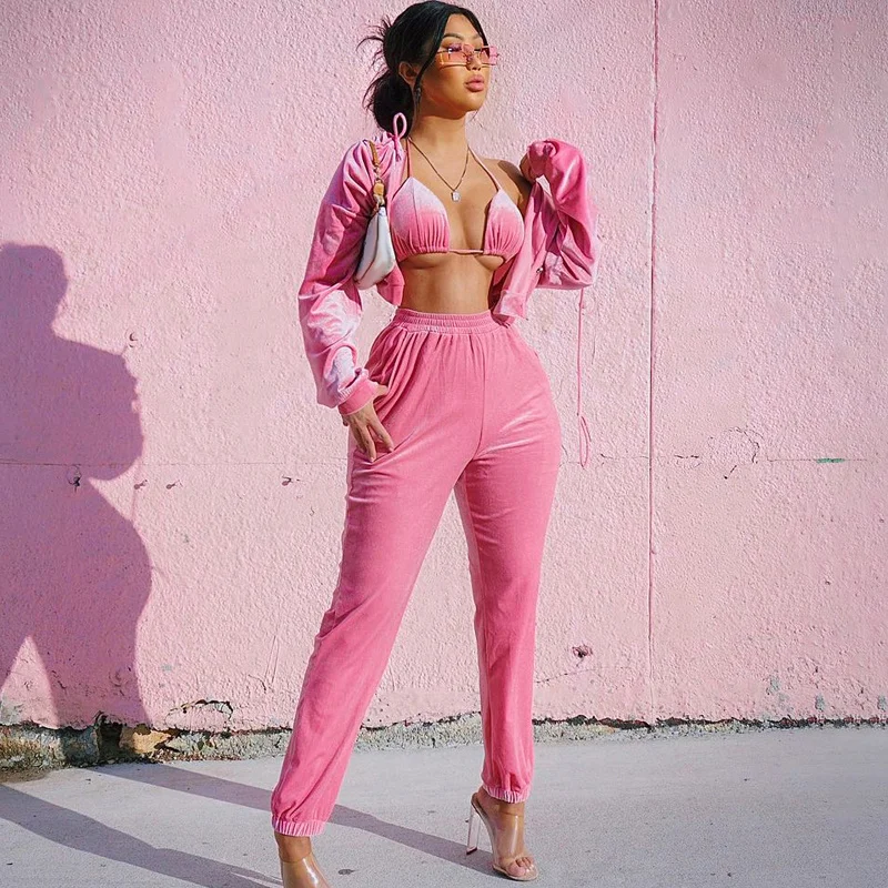 

Sylph Women Three Piece Outfits Sets Sexy Tube Top Long Sleeve Zipper Hoodie Sweat Pants Suit Casual Pleuche Solid 3 Piece Set