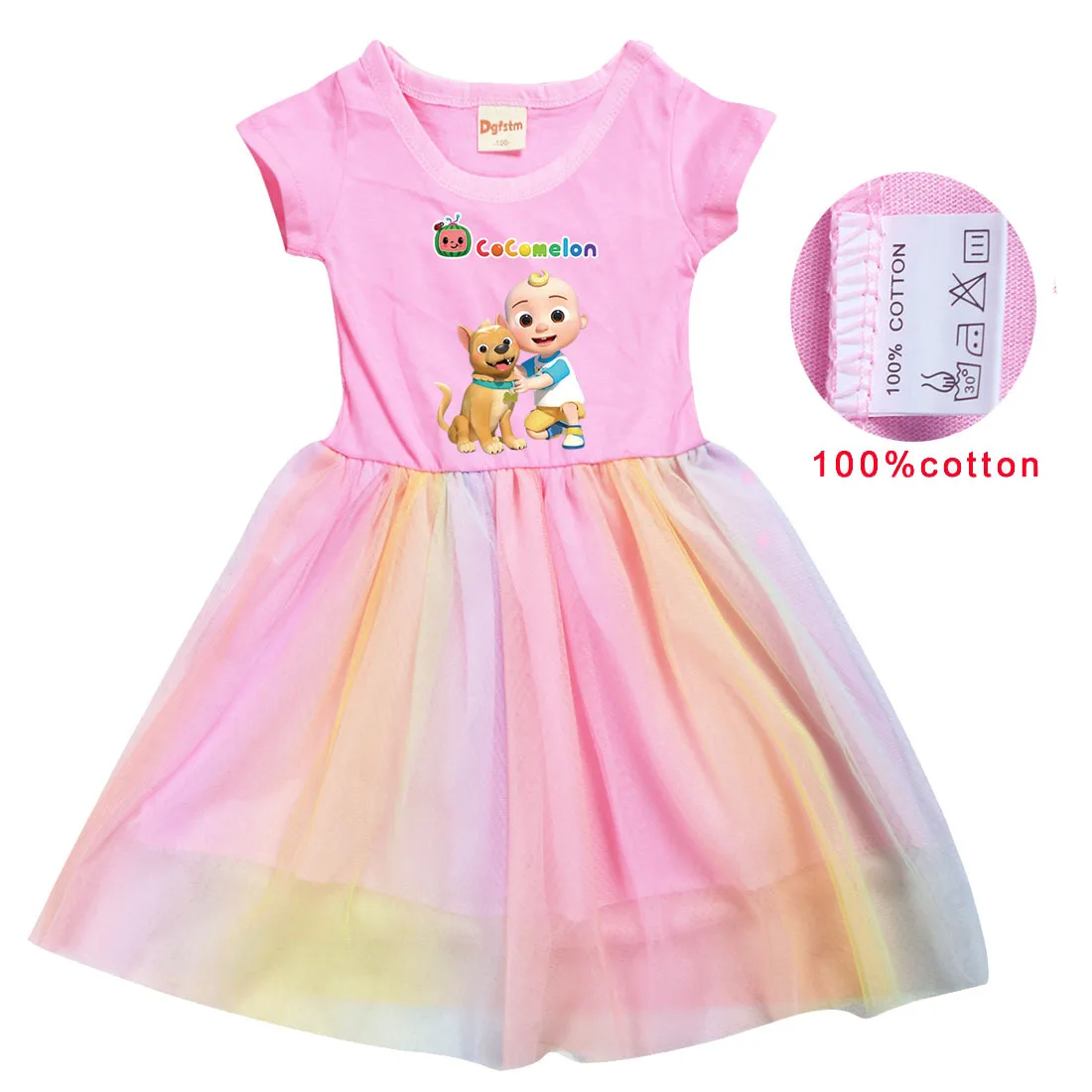 

Cute Rainbow Watermelon T Shirt Gauze Dress Kids Cocomelon JJ Clothes 2021 Summer Girls Colorful Mesh Patchwork Princess Dresses