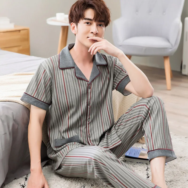 

Men Summer 2PCS Stripe Pajamas Sets Sexy Notched Cotton Pyjamas Short Sleeve Shirt&Pant Sleep Suit Loose Nightwear Sleepwear 4XL