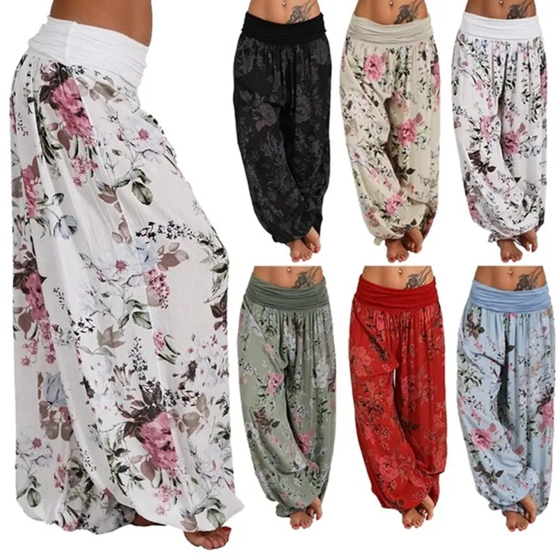

Women Bohemian Floral Print Long Pants 2021 Mid Waist Vintage Harem Pants Elastic Waist Boho Beach Trousers Plus Size 5XL