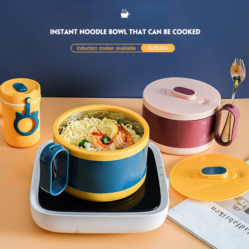 

Чаша из нержавеющей стали, двухслойная посуда для рамен с крышкой, антиожогов