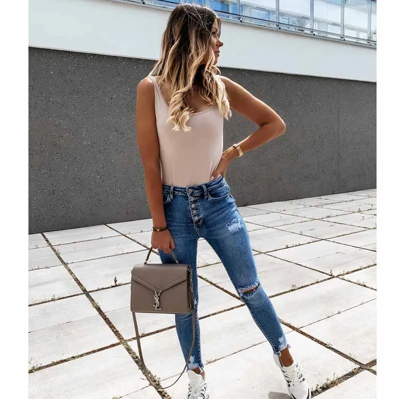 2021 Spring Autumn New High Street Elasticity Skinny Jeans Women Fashion Hole Bleached Vintage Push Up Slim Denim Pants Femme