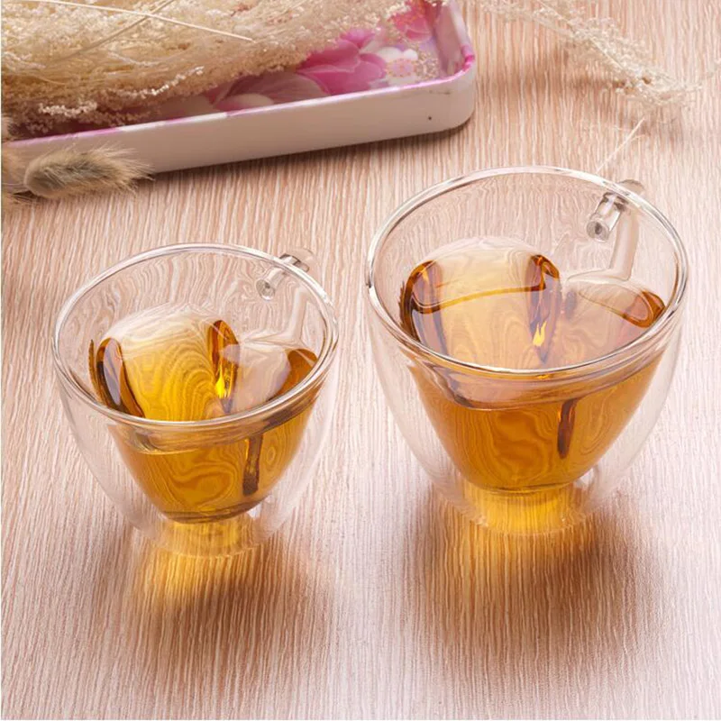 

Transparent Glass Double Heat Insulation Lovers Love Cup Wall Heart Shaped Clear Glass Tea Coffee Cocktail Bar Drinking Cup