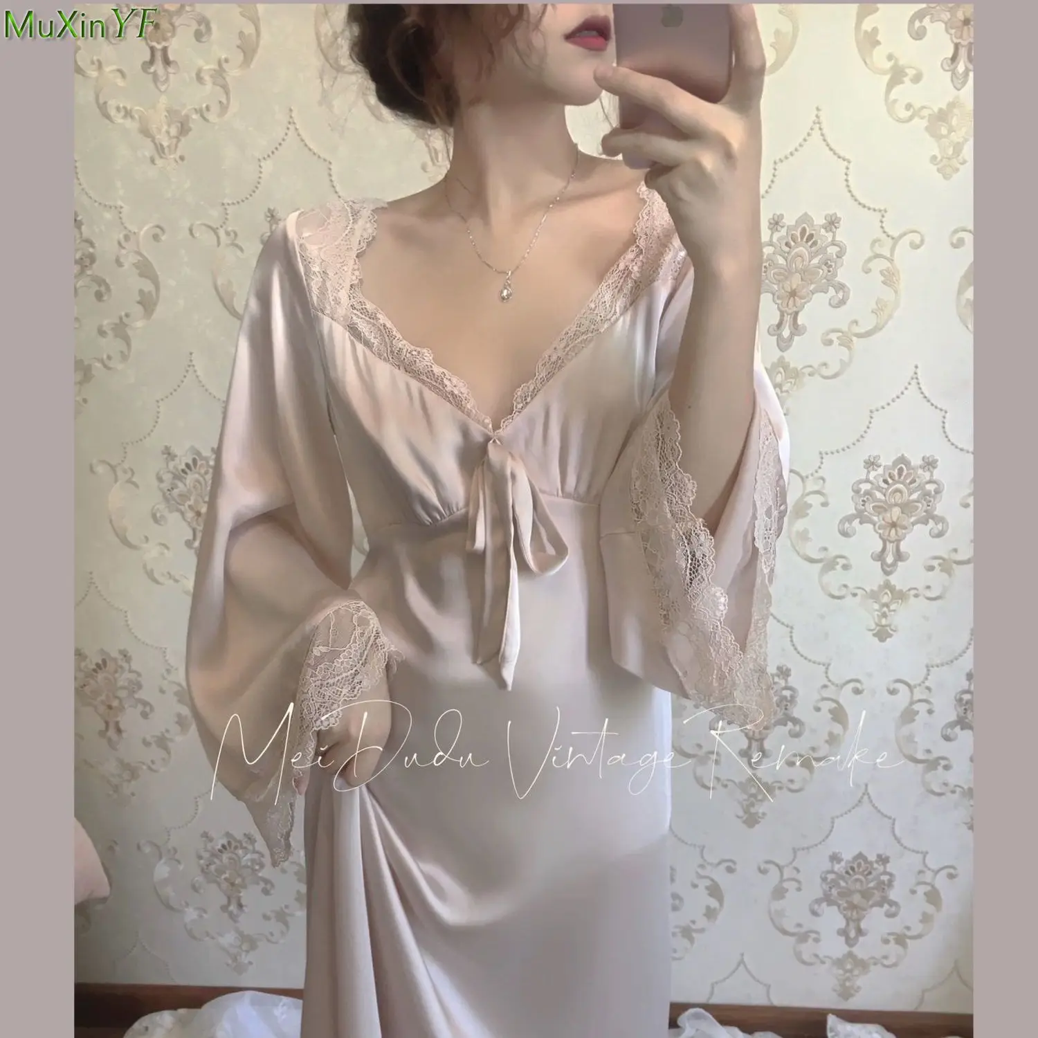 Summer Nightdress Women's Hollow Deep V Satin Lace Nightgown  2021 New Sexy Lingerie Dress Female Elegant Pajamas Nightie