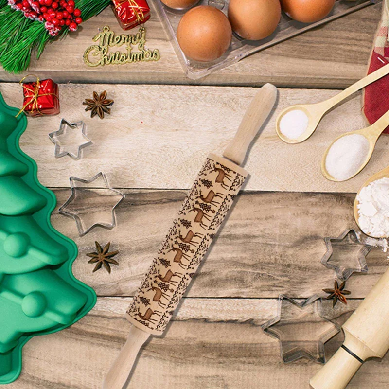 

Christmas Elk Printing Rolling Pin Wooden Embossed Tree Heart Rolling Pin snowflake Christmas Bell Cookie Stick Texture Roller
