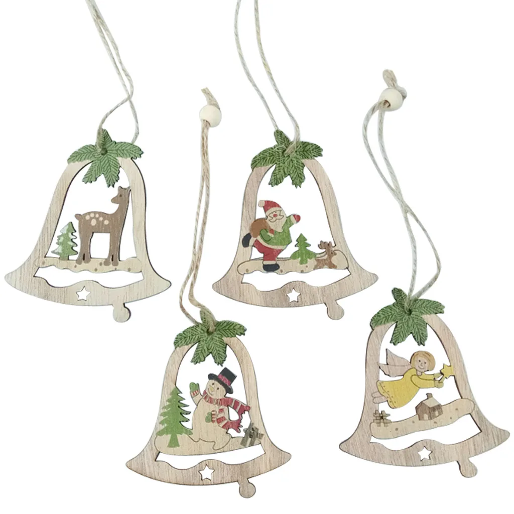 

4PCS Christmas Wooden Ornaments Wood Star Bell Discs Christmas Hanging Decoration Embellishments for DIY Craft