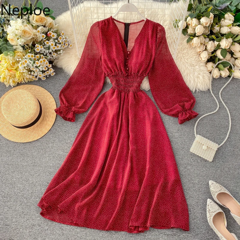 Женское шифоновое платье в горошек с v образным вырезом и высокой талией