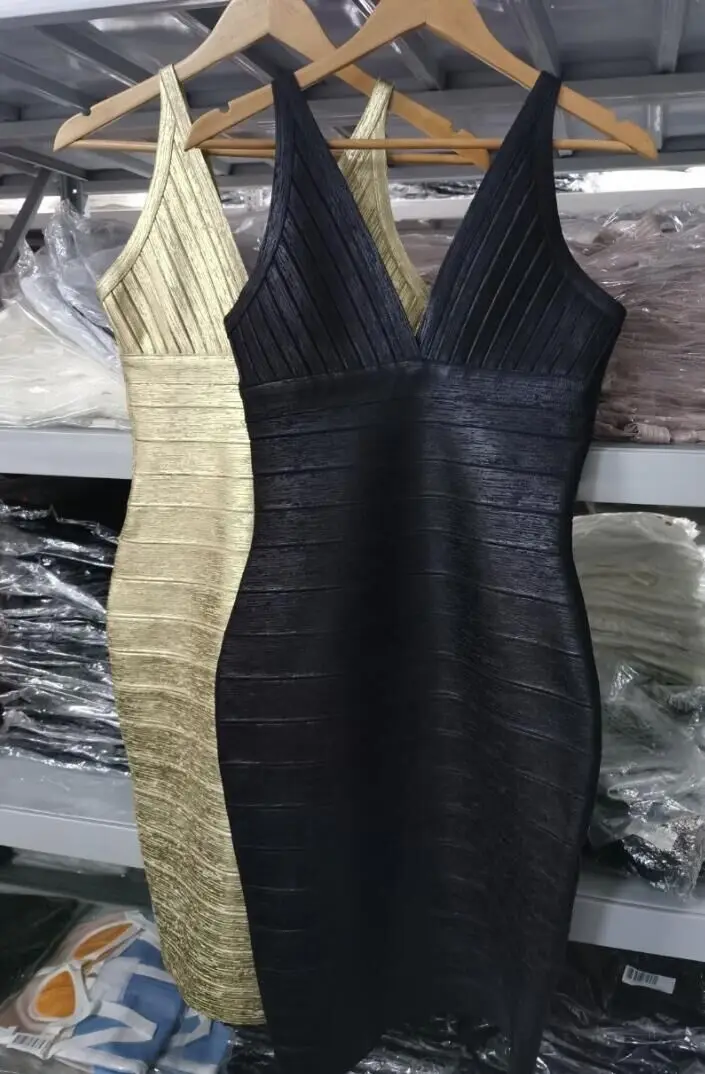 

New Arrival Women Spring Fashion Sexy V Neck Bronzing Gold Black Bodycon Bandage Dress 2021 Elegant Evening Party Dress