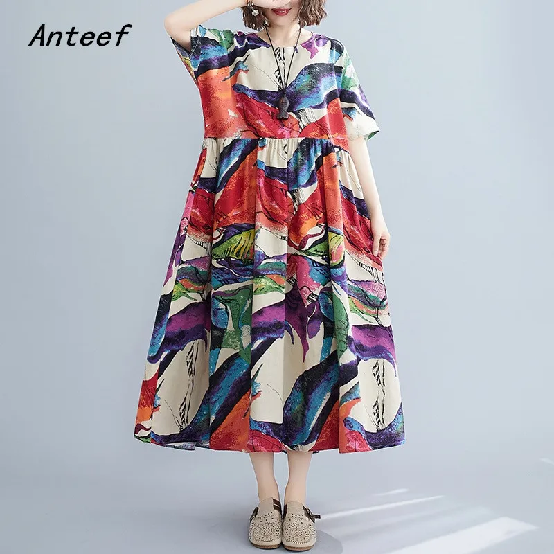 

short sleeve cotton linen vintage floral dresses for women casual loose long summer dress elegant clothes 2022