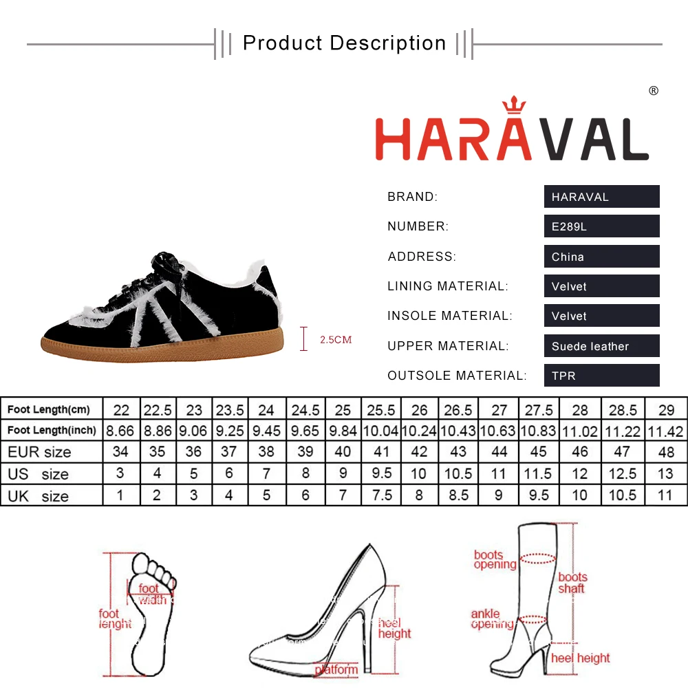 

HARAVAL Lady Winter Casual Shoes With Fur Warm Lace Up Women Flat Shoes Fashion Black Brown Walking Shoes Soft Comfotale E289L
