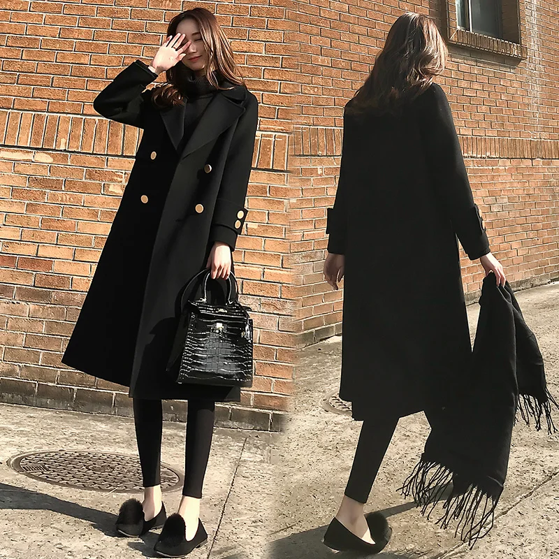 

2019 new Korean version of loose woolen coat in the long section of black Hepburn style women's double-breasted woolen Blends