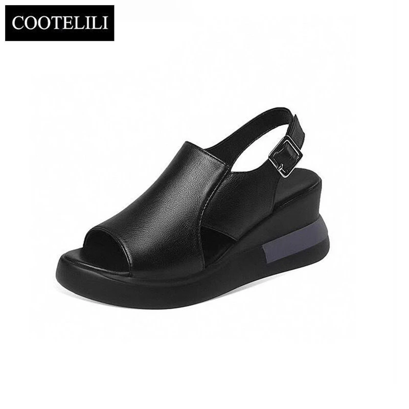 

COOTELILI 2021 New Fashion Shoes Woman Sandals Summer Shoes Women Mid Heel Wedges Shoes Black Buckle Size 35-40