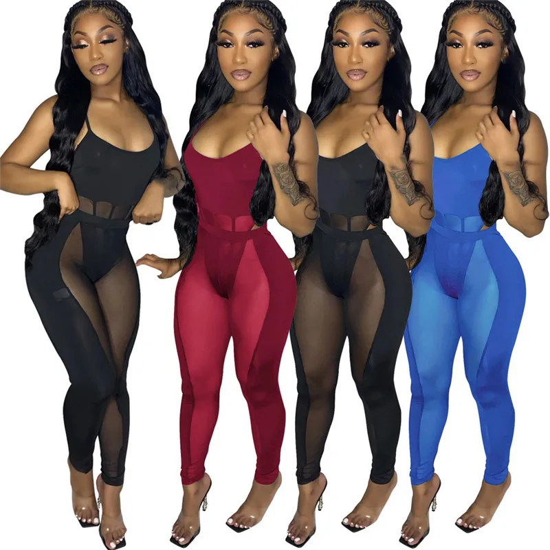 

WUHE Nightclub 2 Piece Suits Patchwork Mesh See Though V Neck Spaghetti Strap Bodysuits and Skinny Long Pants Party Outfits