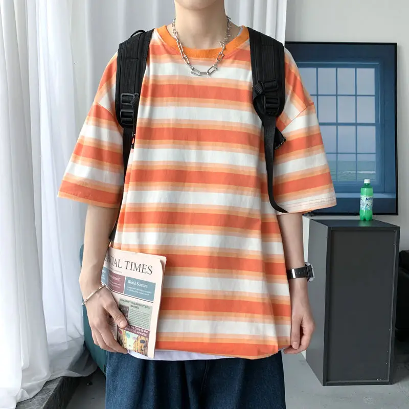 

Summer Cotton Striped T-shirt Men Korean Fashion Casual Loose Tshirt Men Harajuku Streetwear Short-sleeved T Shirt Men M-XL