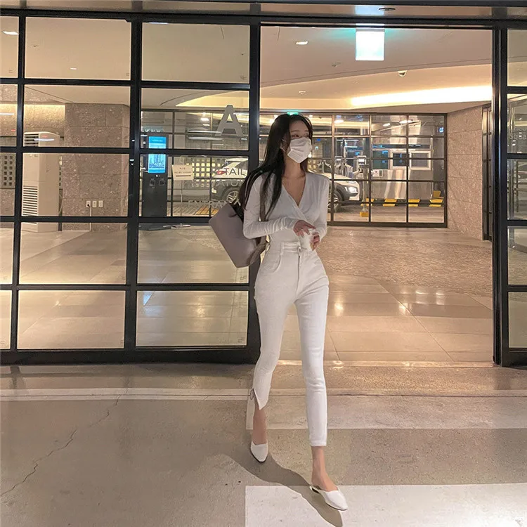 

Real shot 2021 new fashion high-waist stretch pencil jeans women's wild thin side split zipper white jeans