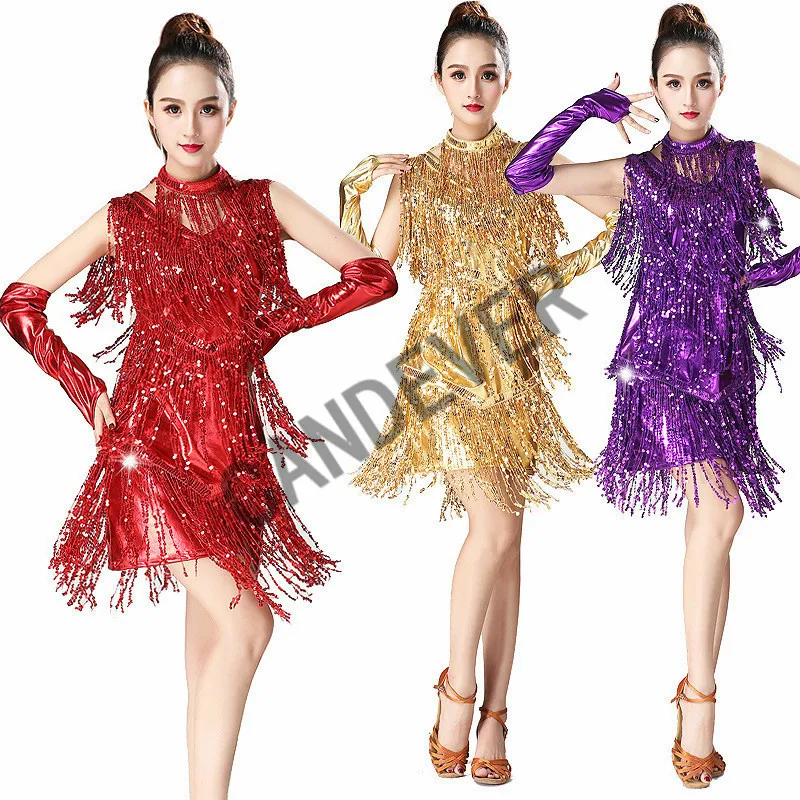 Платье для латинских танцев женщин/девушек Сексуальная бахрома с блестками