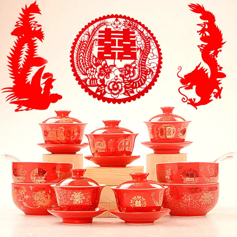 Дракон и феникс свадебный gaiwan чайная чаша китайский красный ted чайная чашка и блюдце набор
