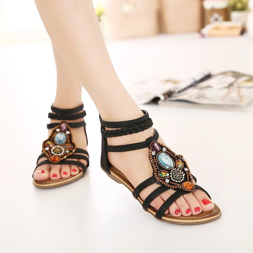 Сандалии женские в богемном стиле пляжные босоножки на плоской подошве с