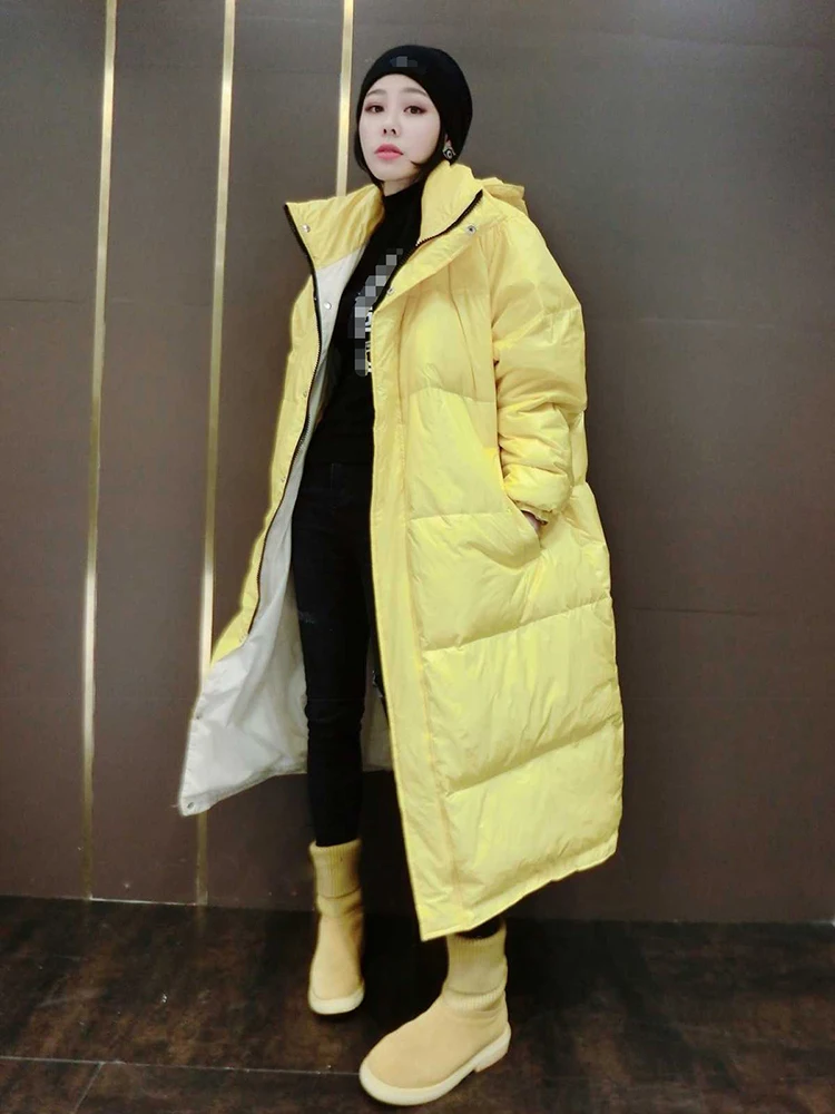 Пуховик женский длинный с капюшоном теплый в Корейском стиле 90% пуха белой утки