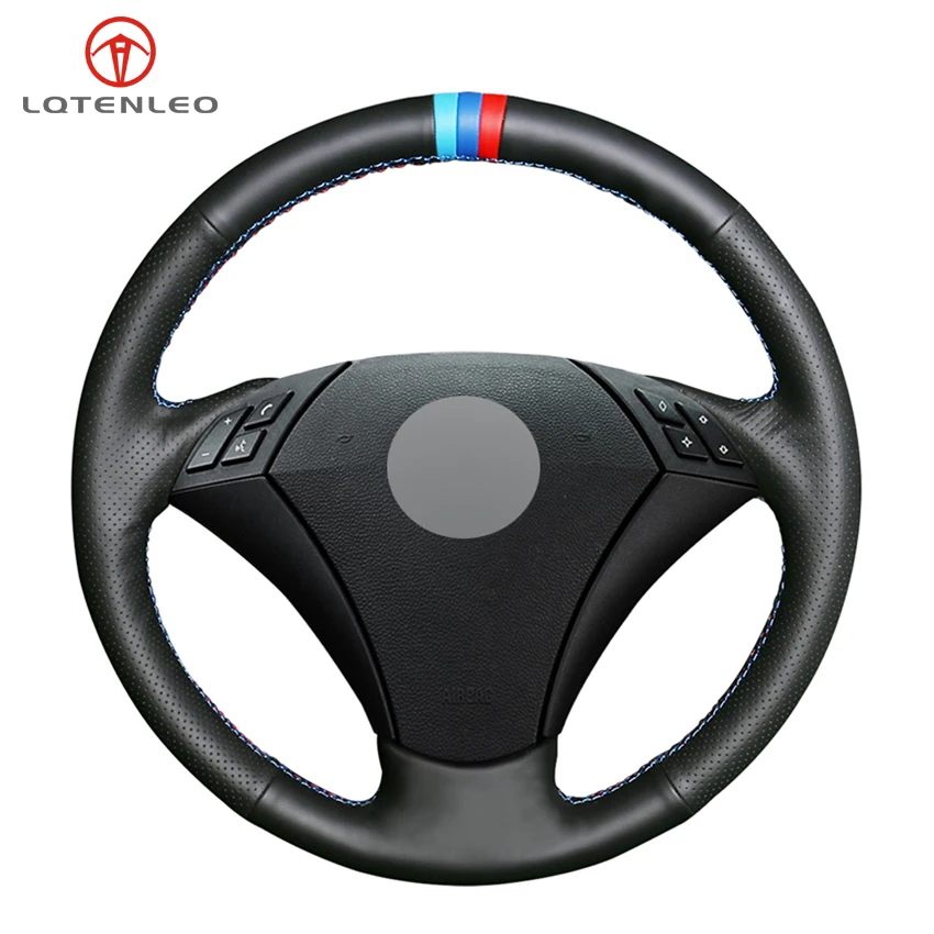 

LQTENLEO DIY Hand Car Steering Wheel Cover Black Genuine Leather For BMW E60 E61 520i 520li 523 523li 525 525i 530 530i 535 545i