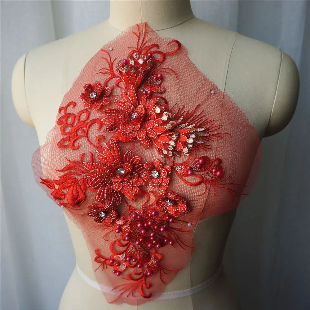 Кружевные тканевые бусины с красными цветами вышитая аппликация для платья