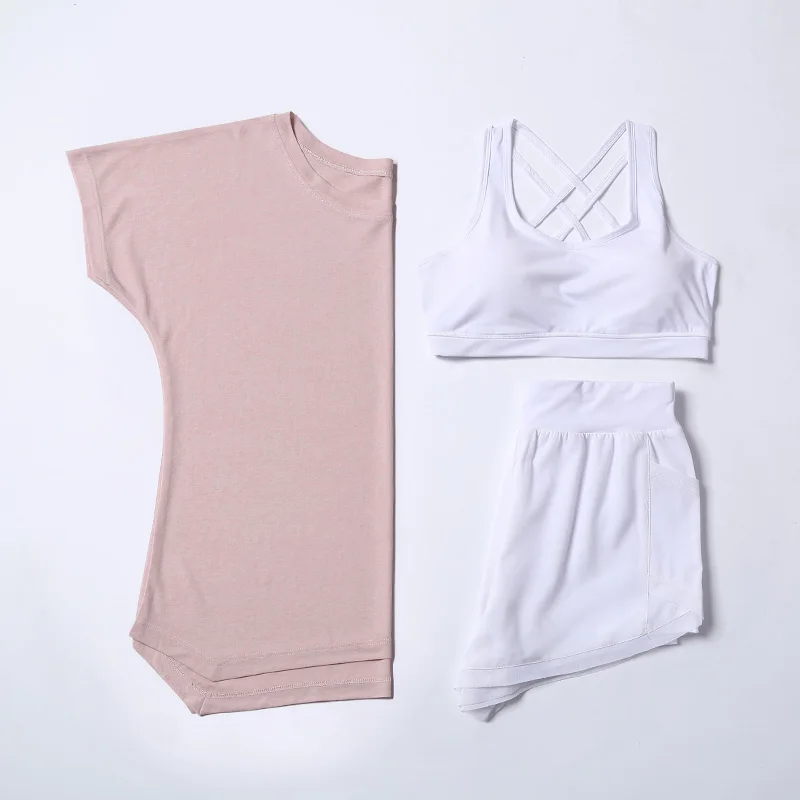 Бюстгальтер + футболка шорты 3 шт. одежда для тренировок комплект спортзала