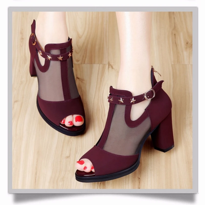 

2020 new Women Mesh Pumps Zipper Open Toe Casual High Thick Black Heels Ladies Shoes Rivet Party Wedding hot sell Casual