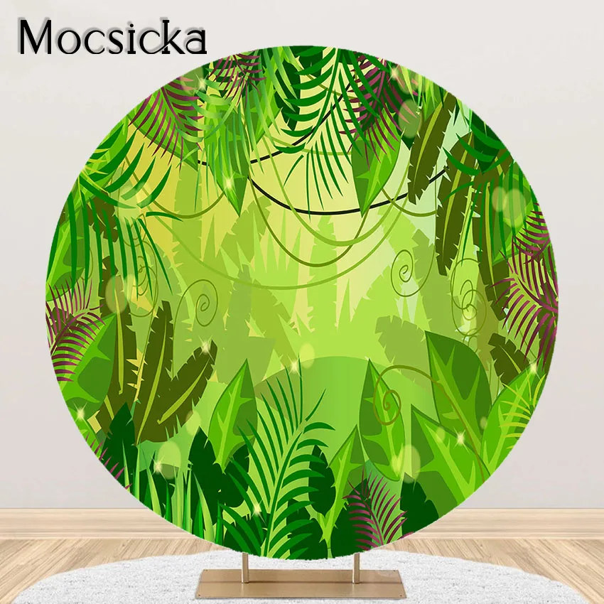

Mocsicka Green Leaf Forest Party Backdrop Jungle Safari Round Circle Cover Kids Birthday Party Baby Shower Photoshoot Background