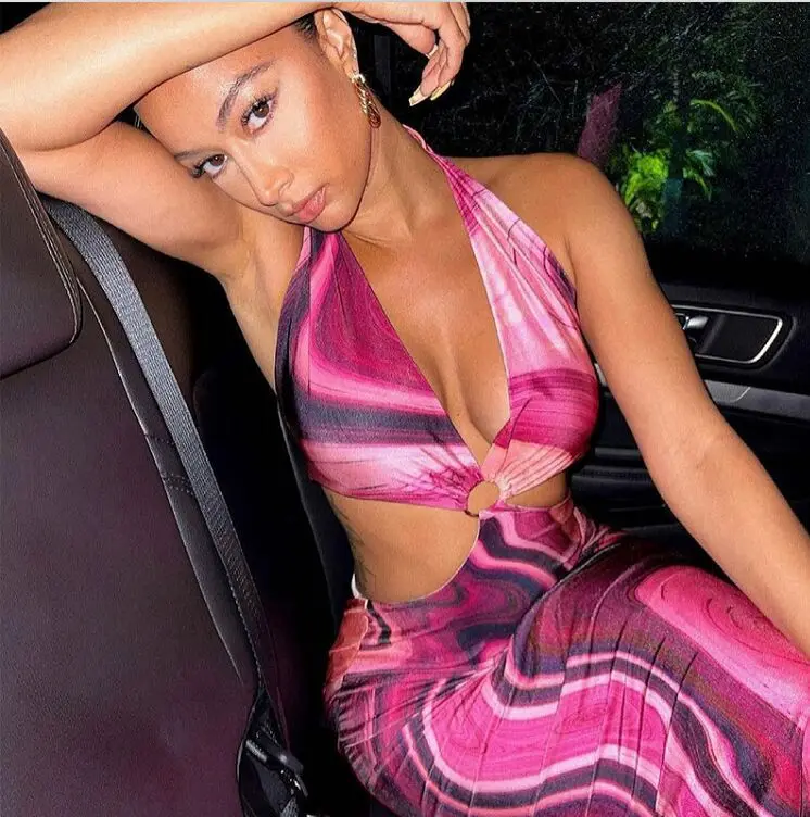 Женское платье с принтом, глубоким V-образным вырезом и галстуком на шее, длинное, летнее, сексуальное, с вырезом на спине, макси-платье, кежуал, пляжное, солнцезащитное платье для женщин.