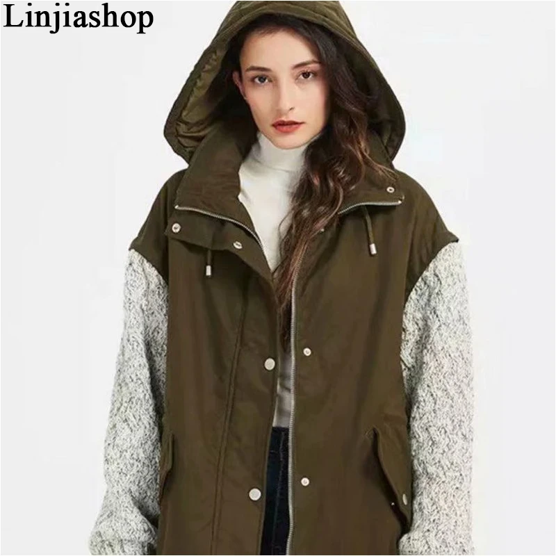 

za 2020 new women Loose Hooded Middle length jacket ladies Splicing sleeve casual stylish Hooded zipper Single breasted coat