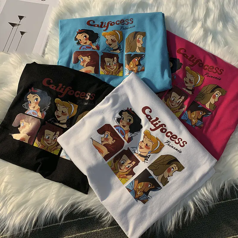 

100% летняя хлопковая Новый стиль принцессы из мультфильма для девочек; Футболка для мальчиков с короткими рукавами и принтом женский Harajuku Bf ...