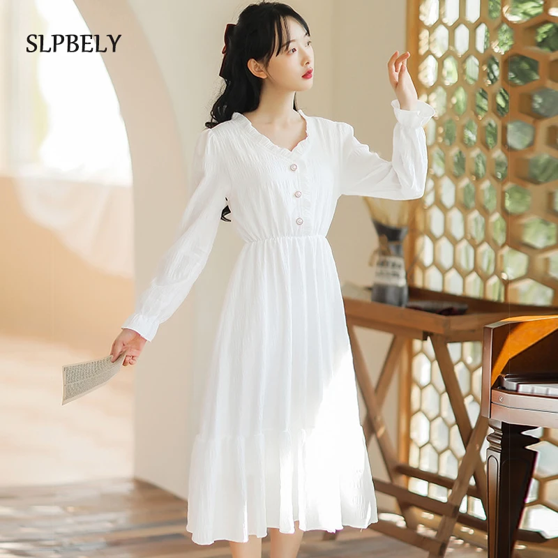 

SLPBELY Elegant White Dress For Women Retro France Design V Neck Long Sleeve Midi Dress Fashion Vintage A Line Party Dress New