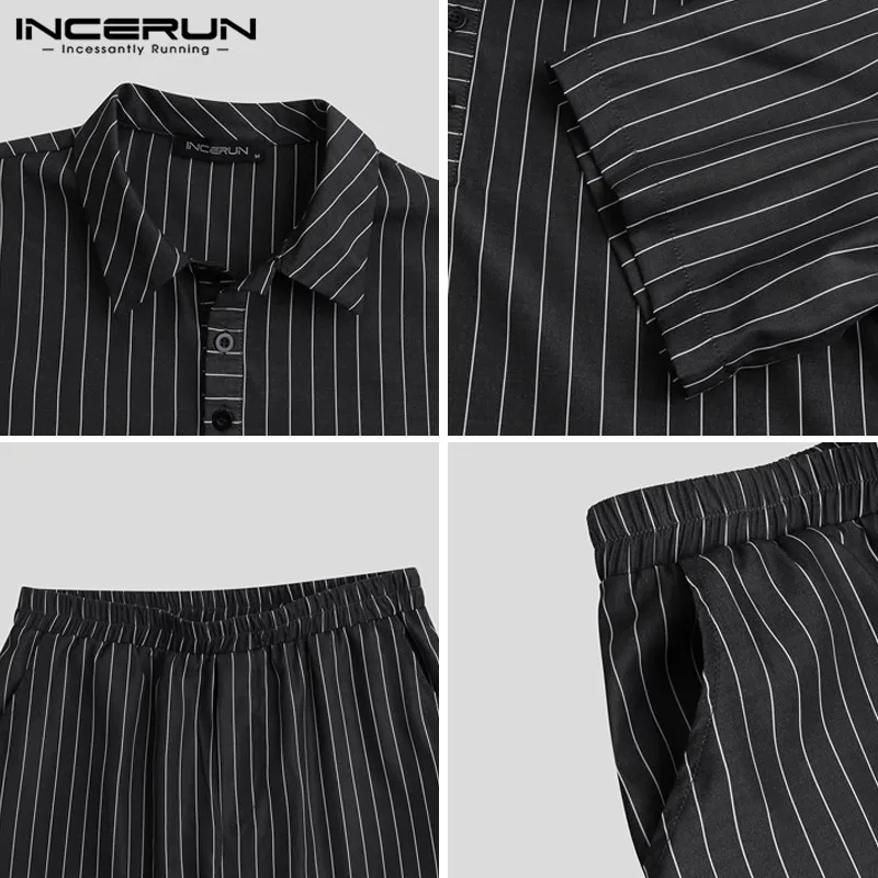 

Fashion Striped Men Sets Short Sleeve Lapel Casual Shirt Elastic Waist Pants Summer Streetwear Men Suit 2 Pieces S-5XL INCERUN